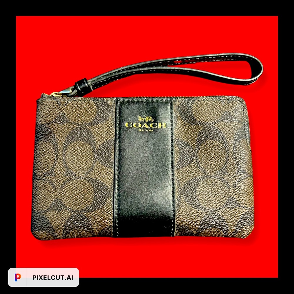 Coach logo brown leather 2 tone wristlet